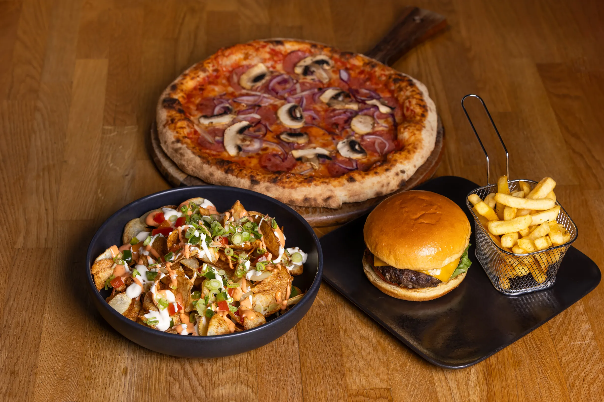 Pizza, a burger and small plates
